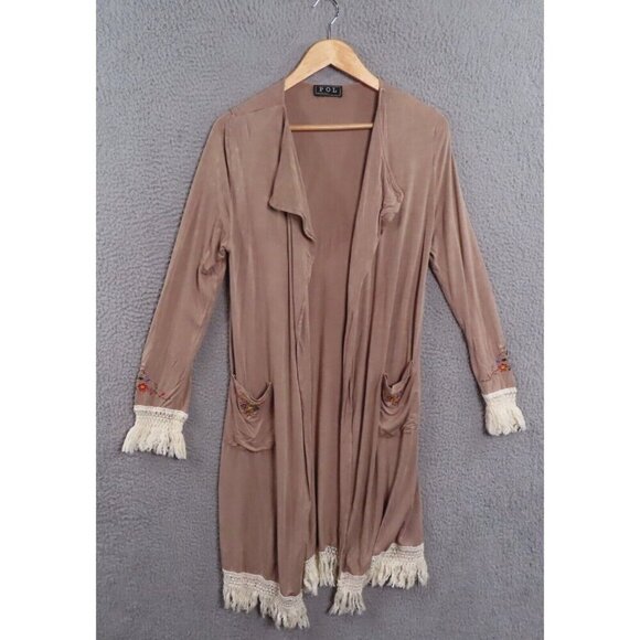 POL Women Boho Embroidered Tan Fringe Trimmed Knit Open Cardigan Duster Cover Up - Picture 1 of 14